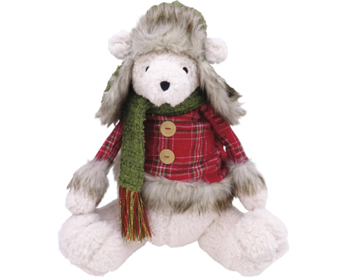 Urs de pluș cu căciulă, fular și cămașă în carouri