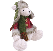 Figurină decorativă de pluș cu un miel așezat, cu căciulă și fular