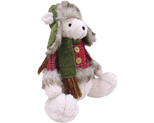 Figurină decorativă de pluș cu un miel așezat, cu căciulă și fular