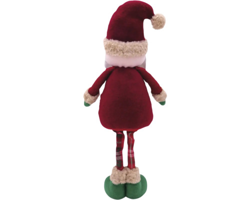 Vedere din spate a unei figurine decorative Moș Crăciun cu haină roșie, pantaloni în carouri și căciulă