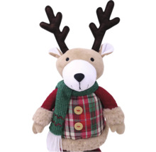 Figurină de ren din pluș cu eșarfă și cămașă în carouri ca decorațiune de Crăciun