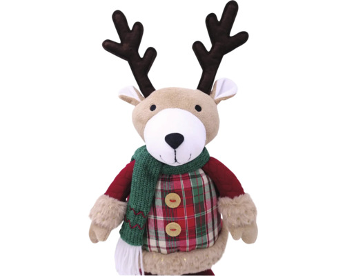 Figurină de ren din pluș cu eșarfă și cămașă în carouri ca decorațiune de Crăciun