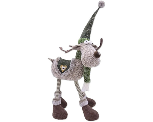 Figurină decorativă ren cu căciulă, eșarfă și aplicație inimă