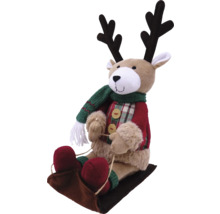 Figurină decorativă ren pe sanie cu fular și jachetă