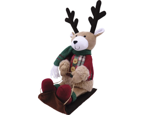 Figurină decorativă ren pe sanie cu fular și jachetă