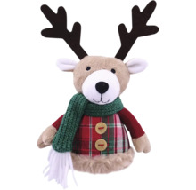 Păpușă decorativă ren din pluș cu coarne, eșarfă și nasturi