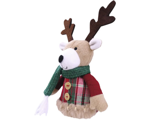 Figurină decorativă ren cu eșarfă și jachetă în carouri