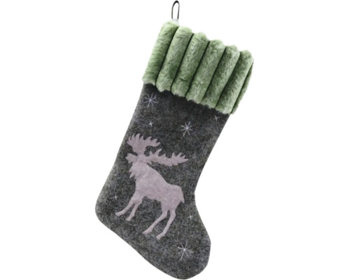 Ciorap cadouri Crăciun ren H 50 cm verde/gri Ciorap de Crăciun cu motiv de elan și margine din imitație de blană