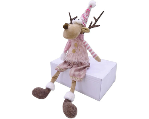 Figurină decorativă ren cu căciulă și fular, așezată pe o cutie albă.