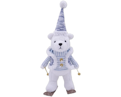 Figurină urs Lafiora pluș H 40 cm albastru Urs polar decorativ cu căciulă, fular și schiuri ca decorațiune de Crăciun.