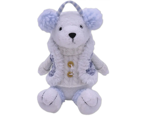 Figurină urs Lafiora pluș H 24 cm albastru Ursuleț decorativ din material textil cu apărătoare pentru urechi și jachetă tricotată