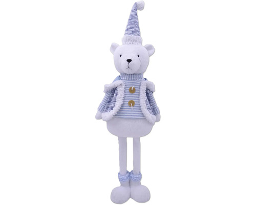 Figurină urs cu picioare telescopice Lafiora pluș H 95 cm albastru Urs decorativ cu haine în dungi și căciulă ca decorațiune de Crăciun