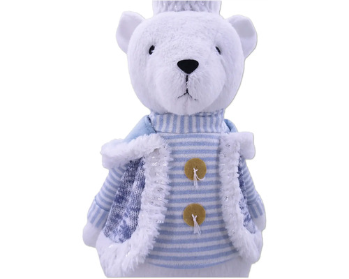 Ursuleț de pluș alb cu coroană și vestă în dungi cu nasturi