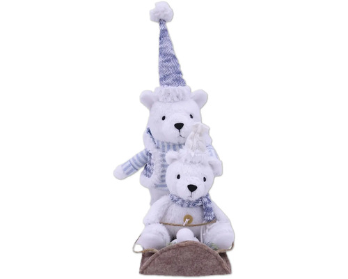 Figurină urs Lafiora pluș H 40 cm albastru Urși polari decorativi pe o sanie cu căciulă și fular