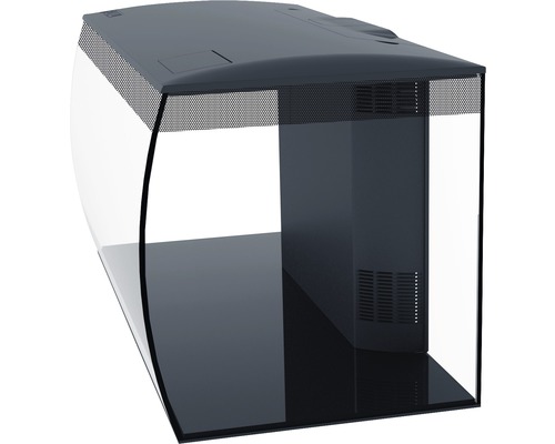 Acvariu cu față din sticlă curbată și sistem de filtrare integrat