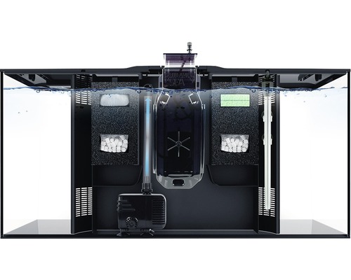 Vedere interioară a unui acvariu cu filtru, pompă și element de încălzire