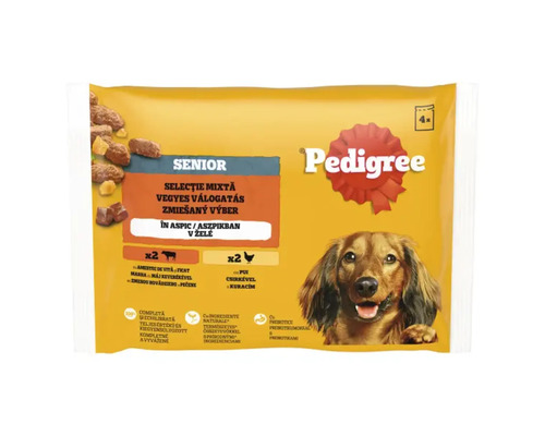 Hrană umedă pentru câini Pedigree Senior Selecție Mixtă 4x100 g Pedigree Senior hrană pentru câini, selecție mixtă în aspic