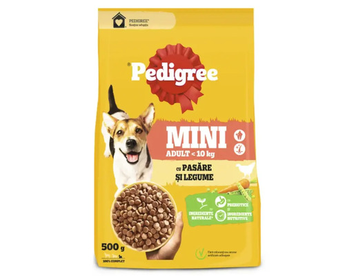 Hrană uscată pentru câini Pedigree Adult cu pasăre și legume 500 g Pedigree hrană uscată Mini Adult sub 10 kilograme cu carne de pasăre și legume în ambalaj de 500 grame