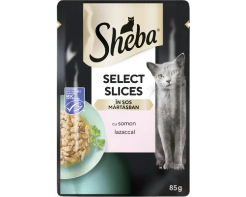 Hrană umedă pentru pisici Sheba Select Slices în sos cu somon 85 g Sheba Select Slices hrană pentru pisici cu somon în sos, 85 de grame