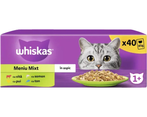 Whiskas Multipack hrană pentru pisici cu vită, somon, pui și ton în aspic, 40 bucăți a câte 85 grame