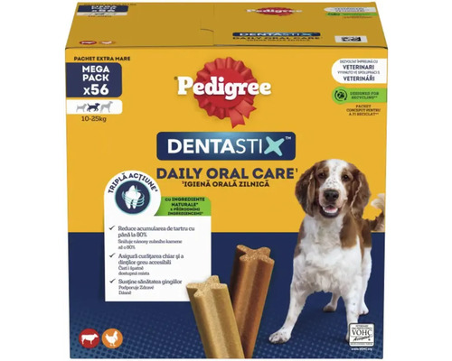 Recompensă pentru câini Pedigree DentaStix M 56 buc. Pedigree Dentastix Daily Oral Care recompense pentru câini, pachet mega cu 56 de bucăți, pentru câini de 10 până la 25 de kilograme