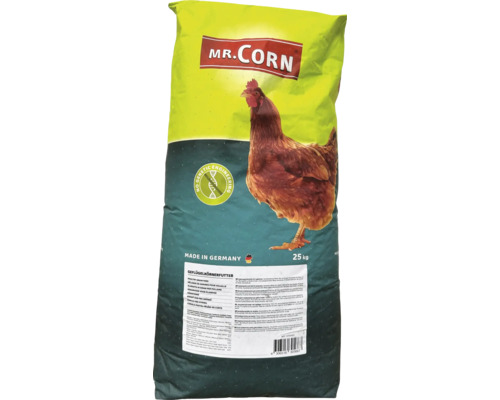 Sac de hrană pentru păsări de curte cu inscripția Mr. Corn și cu mențiunea fără inginerie genetică, 25 de kilograme