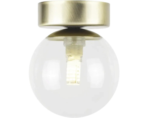 Lumină de tavan cu glob de sticlă transparent și elemente metalice
