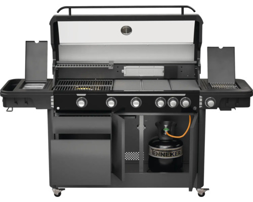 Grătar cu gaz cu capac deschis și butelie de gaz