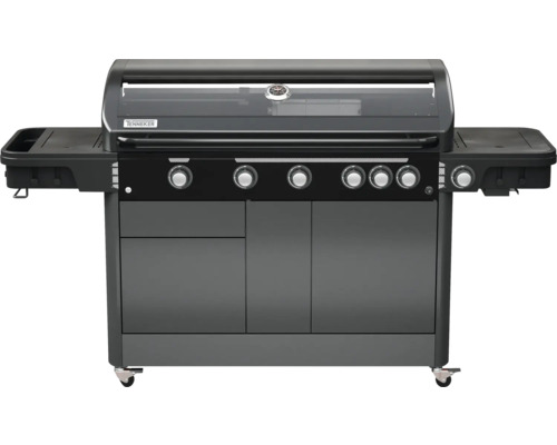 Grătar pe gaz Tenneker Halo TG5 U 7 arzătoare suprafață de gătire 48x120 cm fontă incl. termometru în capac, tavă de colectare grăsime, suport tacâmuri, masă laterală Grătar Tenneker pe cărbune cu rafturi laterale și dulap inferior