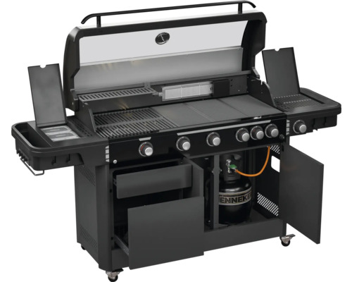 Grătar pe gaz negru cu mai multe arzătoare, mese laterale și spațiu de depozitare pentru butelia de gaz.