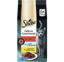 Sheba Délices Gourmands hrană pentru pisici, pachet multiplu cu vită, pește și ficat de pui