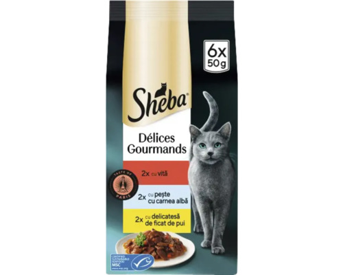 Sheba Délices Gourmands hrană pentru pisici, pachet multiplu cu vită, pește și ficat de pui