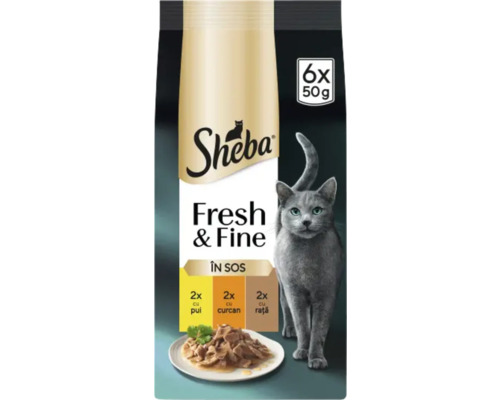 Sheba Fresh and Fine hrană pentru pisici în sos cu pui, curcan și rață, 6 bucăți a câte 50 de grame