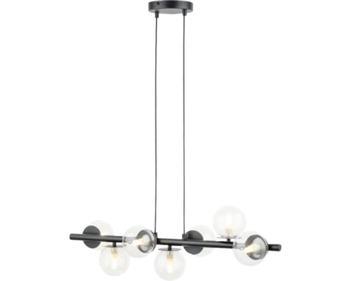 Lumină suspendată cu șase abajururi de sticlă pe o bară orizontală