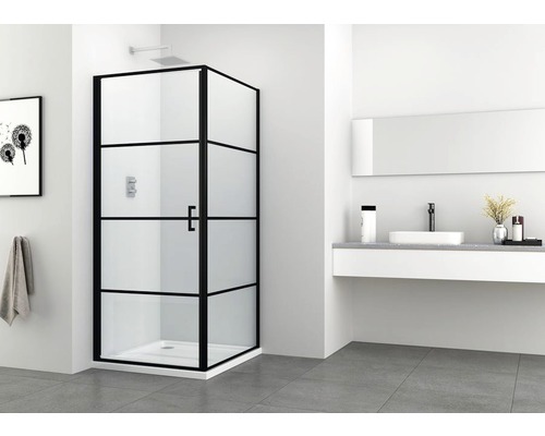 Cabină de duș cu cadru negru într-o baie