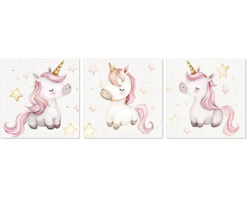 Ilustrație cu trei unicorni și stele