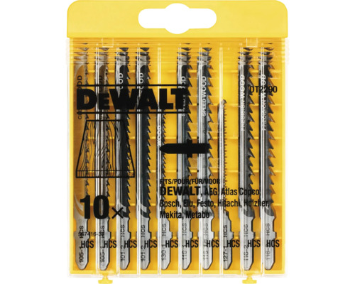 Set de lame pentru ferăstrău vertical DeWalt cu zece bucăți în ambalaj galben.