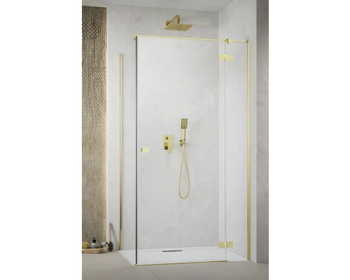 Ușă batantă duș Radaway Essenza Gold KDJ stânga 90x200 cm, sticlă transparentă, profil auriu Cabină de duș walk-in cu accesorii aurii și set de duș