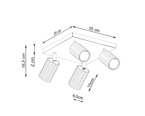 Desen tehnic al unei lămpi de plafon cu trei spoturi și indicații de dimensiuni