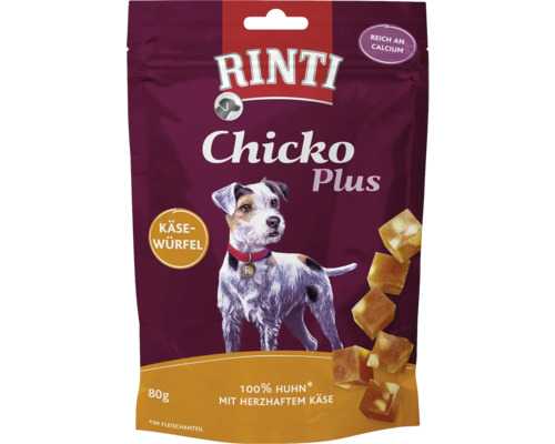 Rinti Chicko Cubulețe de brânză Plus pui 80 g Rinti Chicko Plus gustare pentru câini cu pui și brânză, pachet de 80 de grame