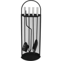 Set accesorii șemineu cu făraș, mătură, vatrai și clește într-un suport metalic negru