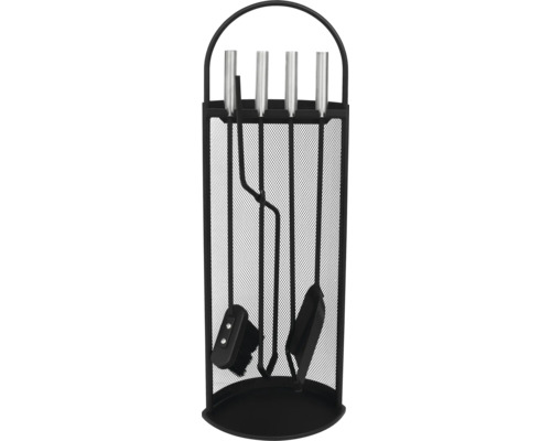 Set accesorii pentru curățare șemineu Rotheigner, 4 piese, inox negru lucios Set accesorii șemineu cu făraș, mătură, vatrai și clește într-un suport metalic negru