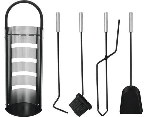 Set accesorii șemineu cu suport, lopată, mătură, cârlig și clește