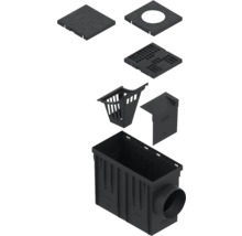 Vedere de sus a unui sistem de drenaj cu capac, cămin de captare, găleată de nămol și ieșire