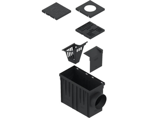 Vedere de sus a unui sistem de drenaj cu capac, cămin de captare, găleată de nămol și ieșire