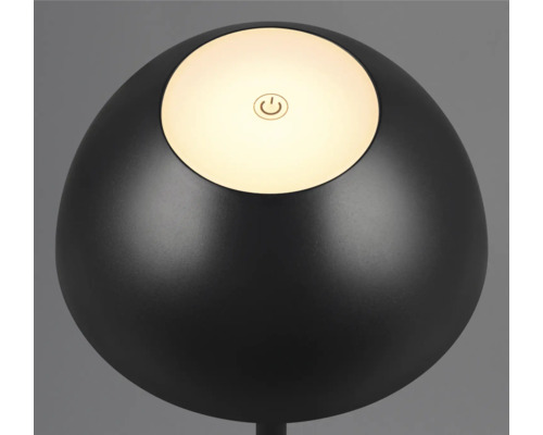 Lampă de masă cu abajur rotund și simbol de pornire/oprire