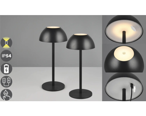 Două lămpi de masă LED negre cu acumulator și grad de protecție IP54
