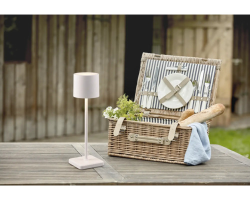 Scenă cu o lampă de picnic și un coș de picnic pe o masă de lemn afară.