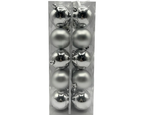 Douăsprezece globuri de Crăciun într-un ambalaj transparent.