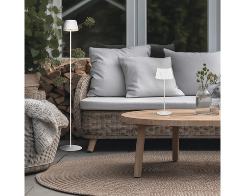 Scenă de locuință cu lampă de podea, lampă de masă, canapea și masă pe un covor